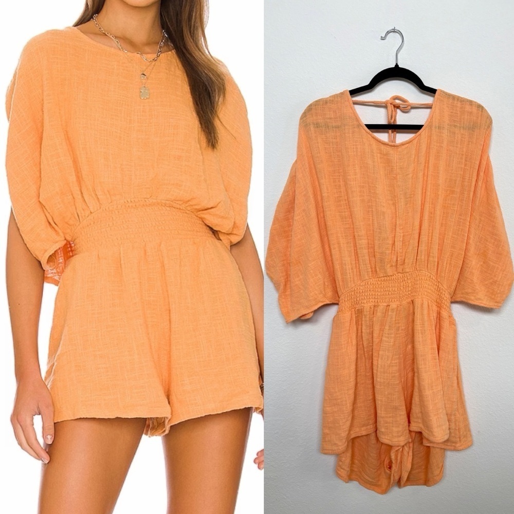 Free People Pierre Romper Orange Gauzy Shorts Cotton Draped Back Size Medium